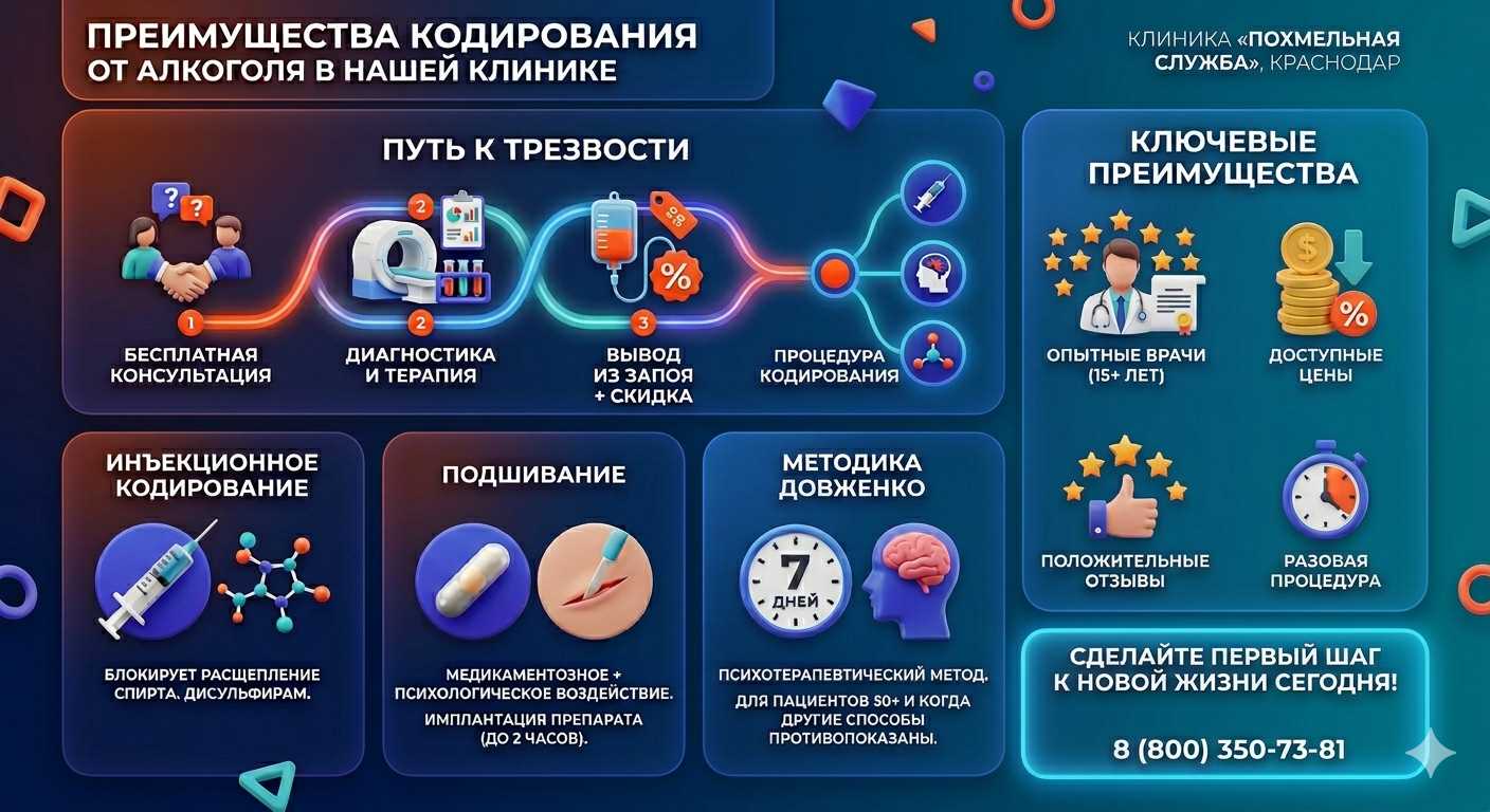 Инфографика о методах кодирования от алкоголя в Чадане: инъекции, подшивание, метод Довженко. Преимущества клиники и этапы лечения.