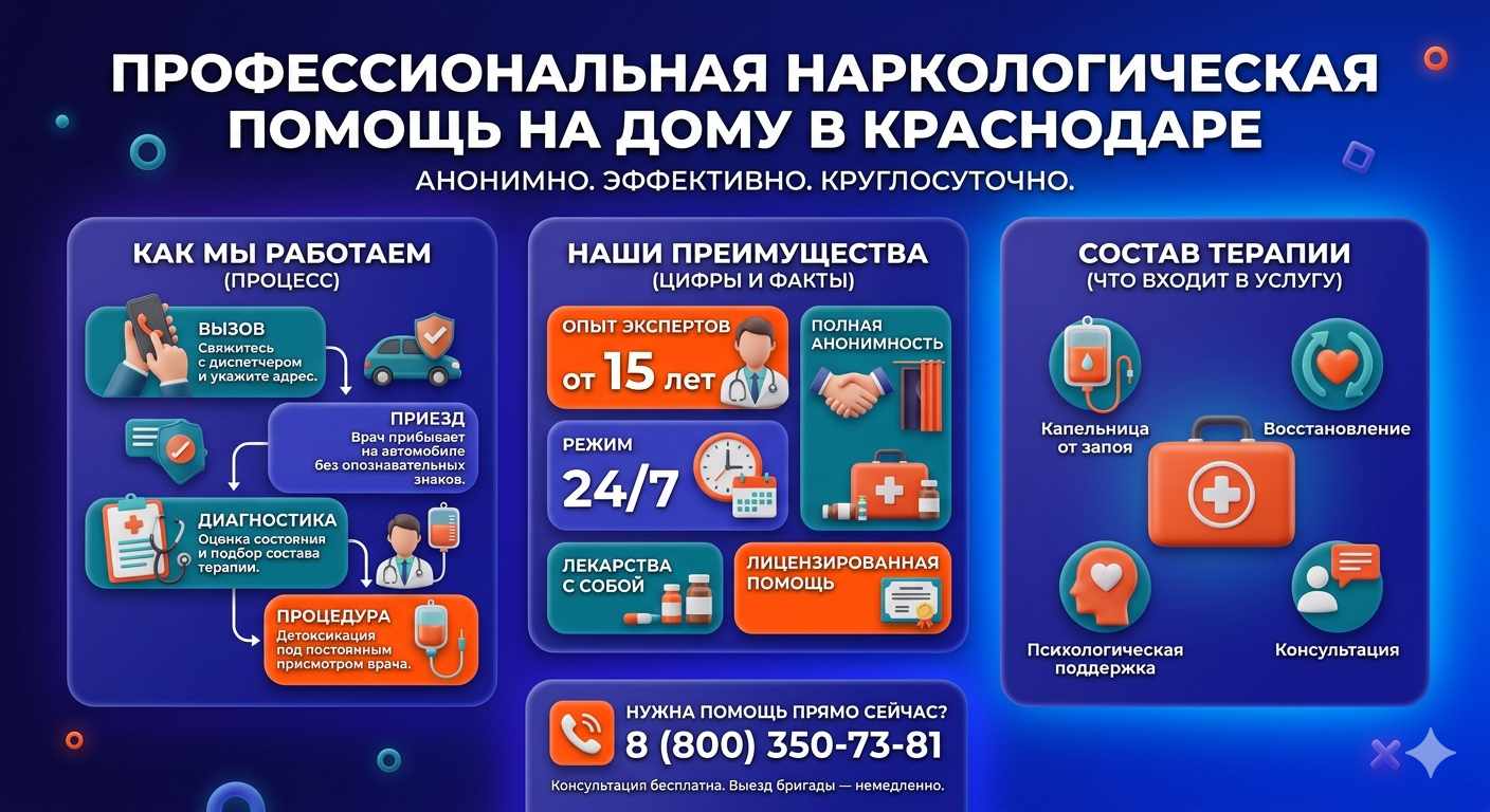 Инфографика о принципах лечения алкоголизма на дому в Чадане: этапы вызова нарколога, преимущества анонимной детоксикации и состав медицинской помощи.